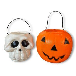 Vtg Halloween Candy Pails Empire Pumpkin Jack O Lantern Skull Blow Mold Buckets